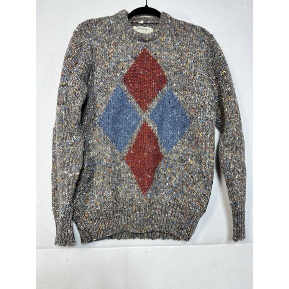 Vintage Irish Wool Fisherman Sweater 4 Diamond Pattern Grey And Multi - Picture 1 of 5
